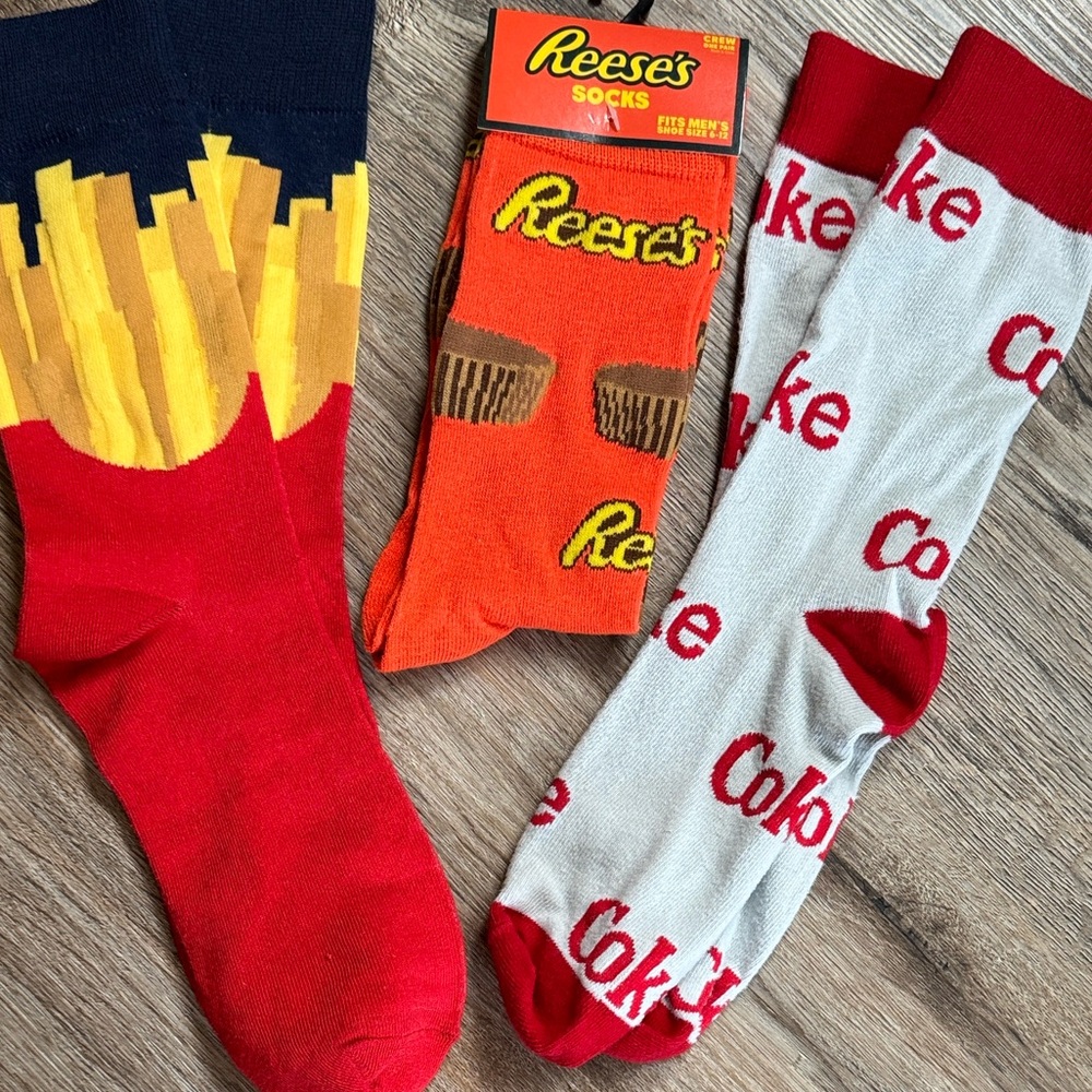 Men's Novelty Dress Socks Food Themed: Diet Coke, French Fries, Reese’s